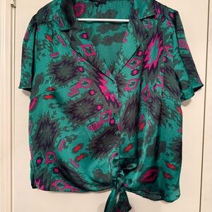 Vibrant Patterned Green and Pink Women's Top